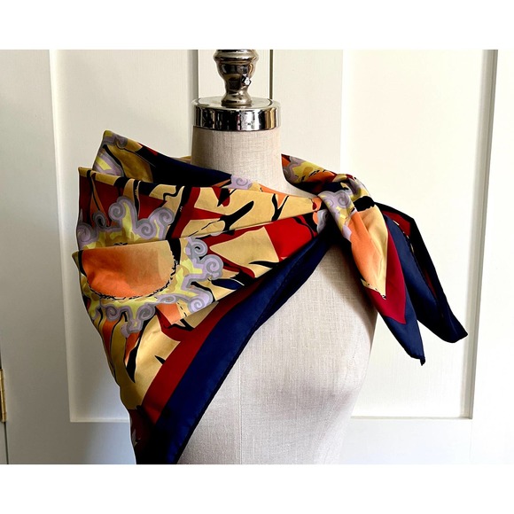Vintage Handrolled Scarf with Navy Border and Sunburst Pattern - Picture 1 of 6